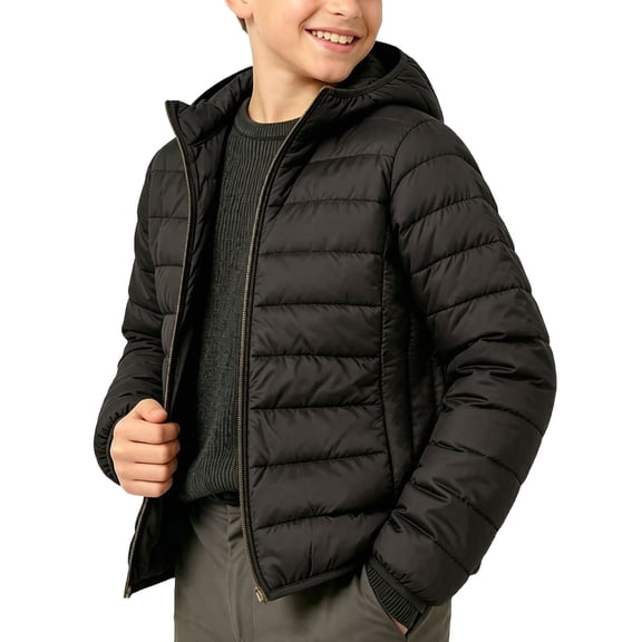 Hduncf Kids Zip Up Lightweight Windbreaker Puffer Jacket Hooded Casual Long Sleeves Hooded Quilted Winter Coat Teen Boys Girls Black 16-17Years