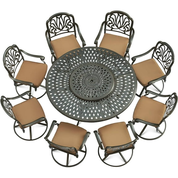 VIVIJASON 9-Piece Patio Furniture Dining Set, Rust-Free Cast Aluminum Outdoor Conversation Set, Include 8 Swivel Dining Chairs & 61" Round Dining Table with 31" Lazy Susan, Umbrella Hole, Khaki