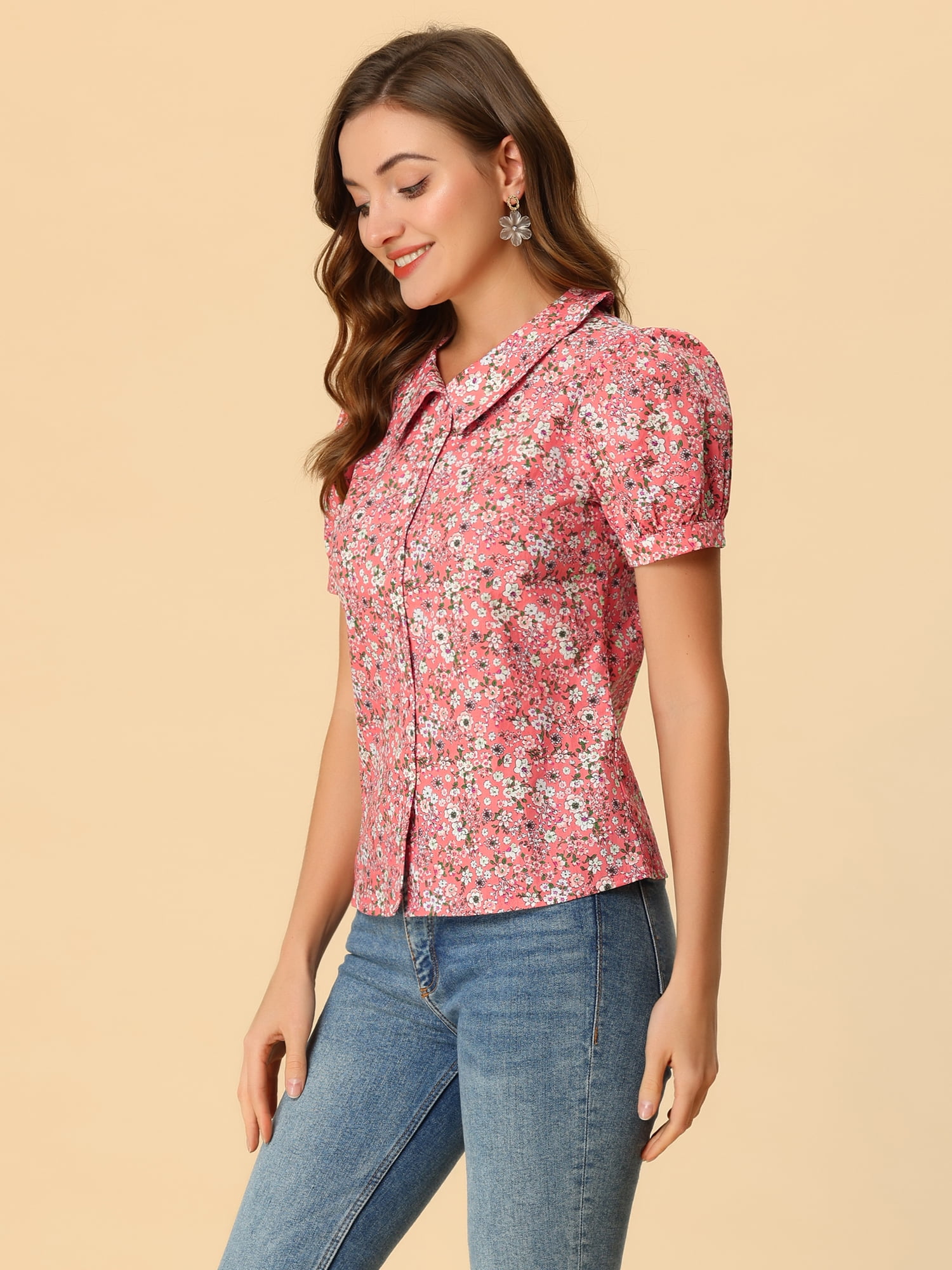 DARING DIVA Women's Turndown Collar Button Down Floral Blouse XL Pink