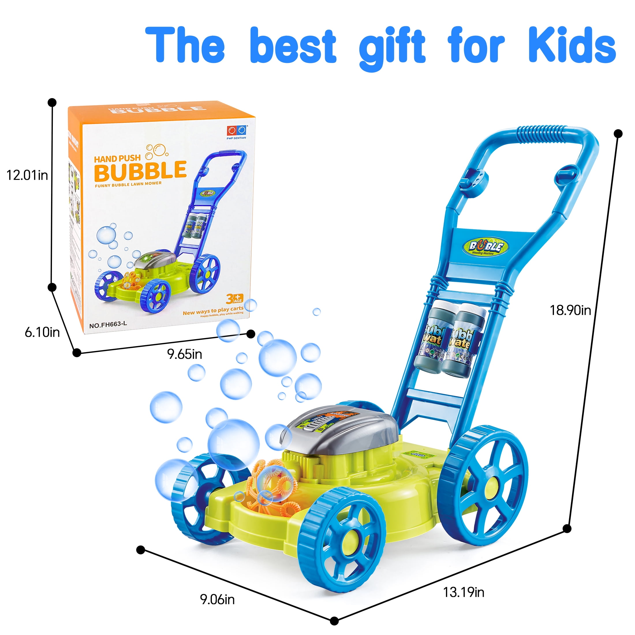 KOPPOP Bubble Lawn Mower - Bubble Machine for Outdoor and Indoor Use, Push Mower with Sound Effects and Bubble Blowing Function-bule