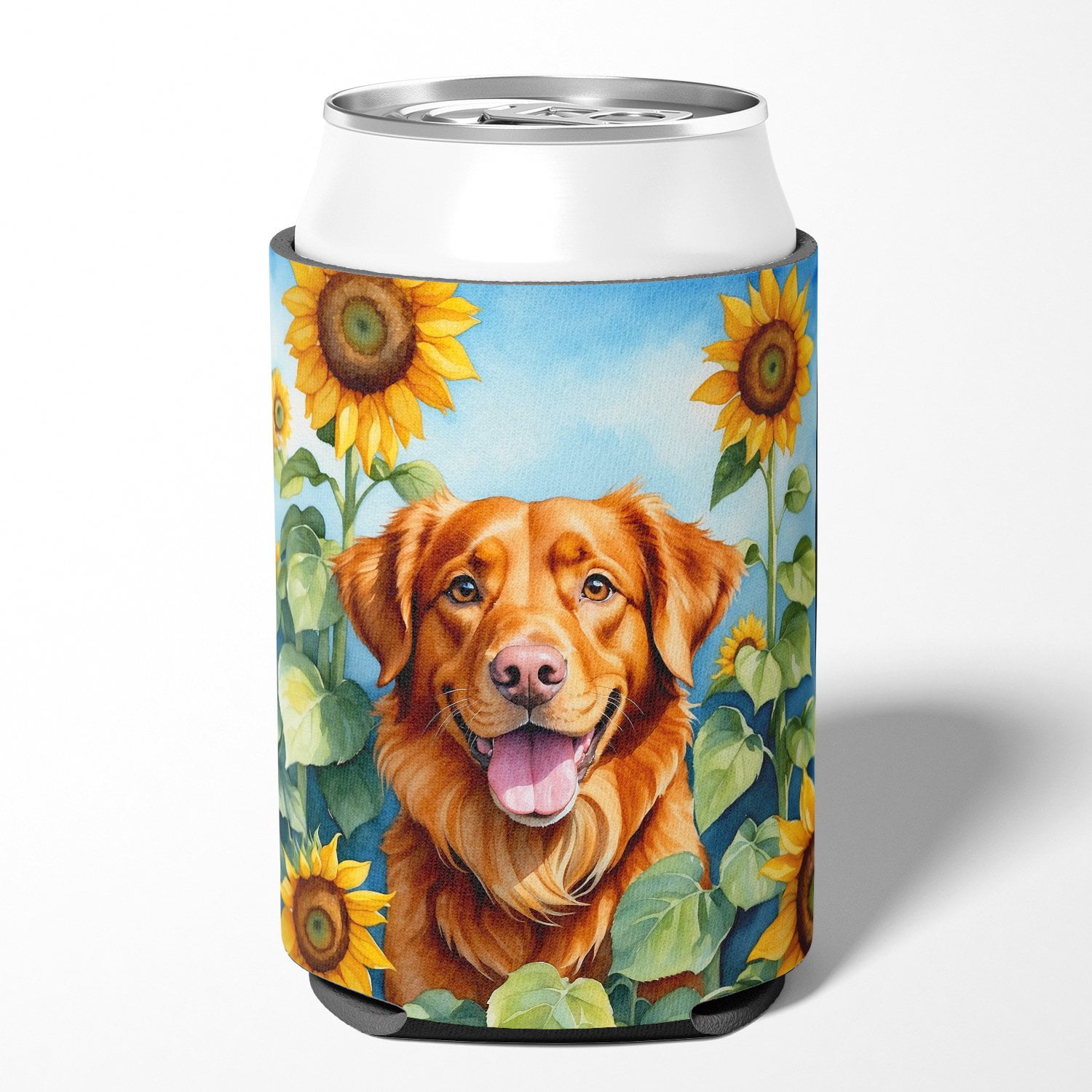Nova Scotia Duck Toller in Sunflowers Can or Bottle Hugger 3 in x 5 in