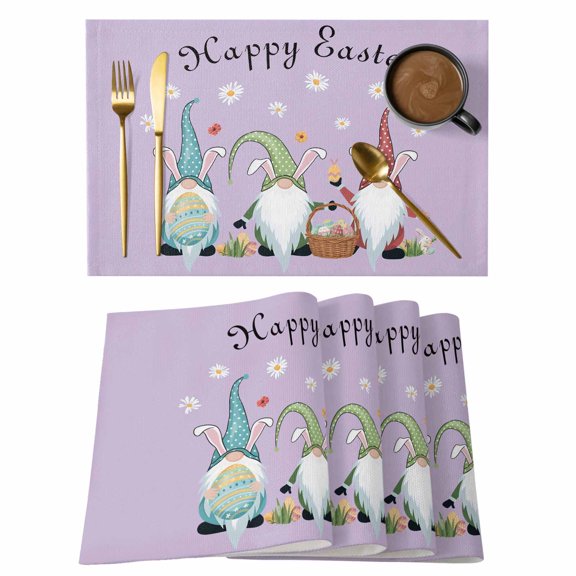 Happy Easter Placemats Set of 6, Cute Gnomes Eggs Spring Daisy Flowers Purple Placemats for Dining Table, Place Mats for Kitchen Tabletop, Waterproof Wipeable Dining Table Mats Set