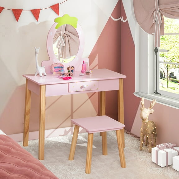 Costway Kid Vanity Table Stool Set with Mirror Wooden Legs Storage Drawer Pink