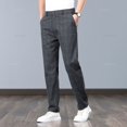 thumbnail image 3 of Pantalones finos elásticos de trabajo a cuadros clásicos de alta calidad de verano para hombre, moda de negocios, pantalones formales informales de fiesta en gris y negro para hombre 38, 3 of 5