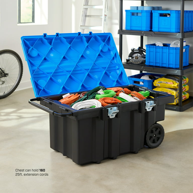 HART 50 Gallon Rolling Plastic Tool Chest with Work Top for Garage, Black  with Blue Lid 