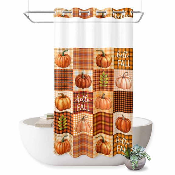 No Hook Shower Curtain, Hello Fall Shower Curtains for Bathroom with See Through Top Window, Thanksgiving Pumpkins Botanical Orange Plaid Waterproof & Washable Bath Curtain Stand Up Stall 36"x72"
