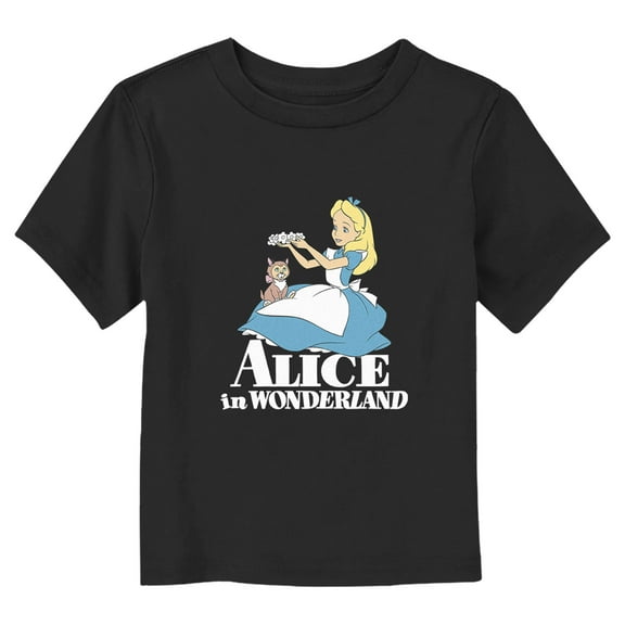 Toddler's Alice in Wonderland Dinah and Alice Flower Crown Graphic Tee Black 2T