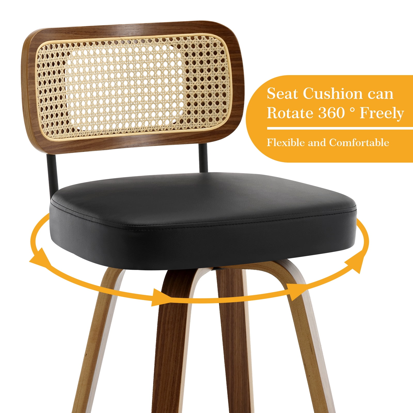 Foreate Swivel PU Bar Stools, Set of 1, 29" Bar Height Upholstered Leather with Rattan Back Wood Legs, Modern Chair Island Counter Stool for Kitchen, Black