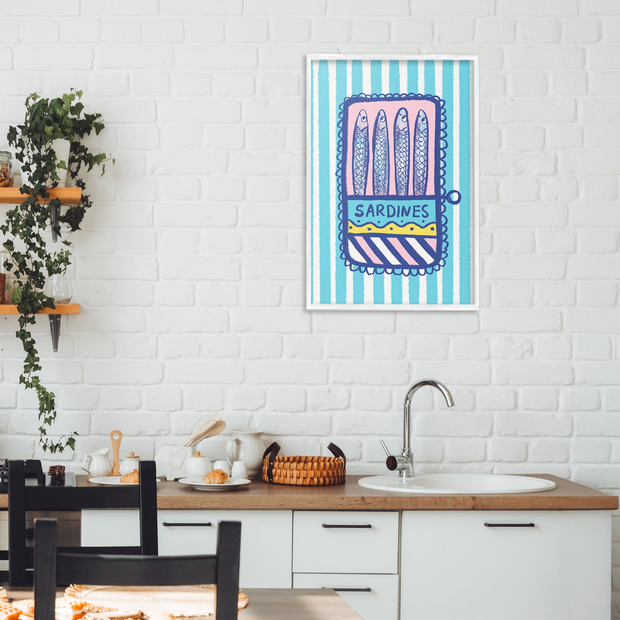 Stupell Industries Pastel & Stripes Sardines White Framed Giclee Art, design by Florentina Dolci