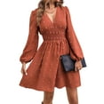 thumbnail image 3 of STARVNC Women Swiss Dot V Neck Smocked Waist Puff Long Sleeve Mini Dress, 3 of 7