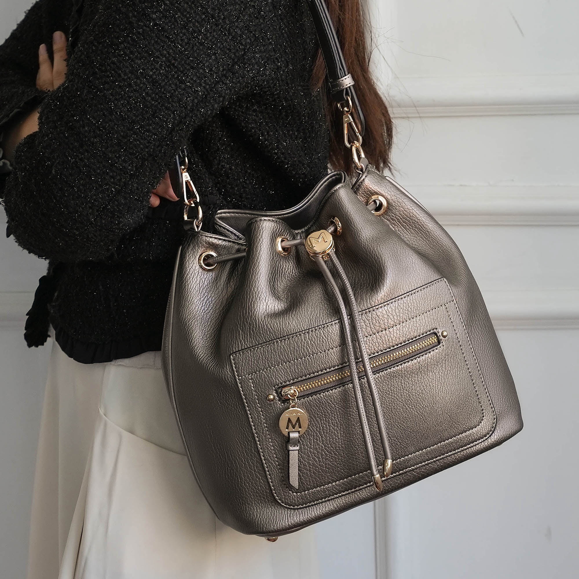 MKF Collection Larissa Vegan Leather Women's Bucket Bag & Wristlet Wallet, Drawstring Hobo Purse Handbag 2 Pcs by Mia K - Black