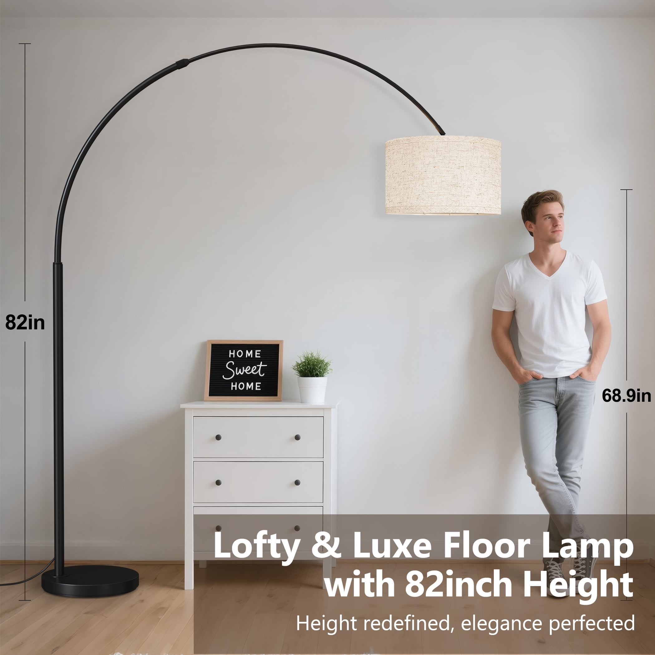 82" Tall Arc Floor Lamps for living room, large floor lamp with length adjustable, Modern curved floor lamp, Corner Lamp for Dining Room, Office, Black