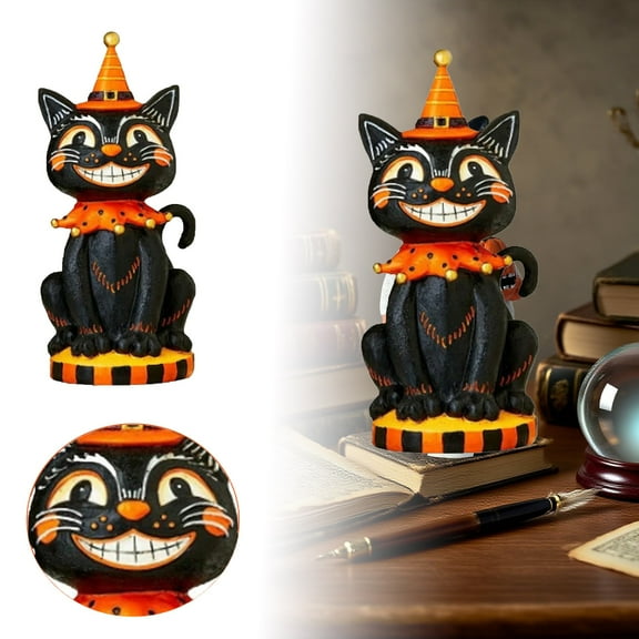 Halloween Funny Desktop, Resin Vintage Cat Tabletop Decor 5.9in, Trick or Funny Desktop Black