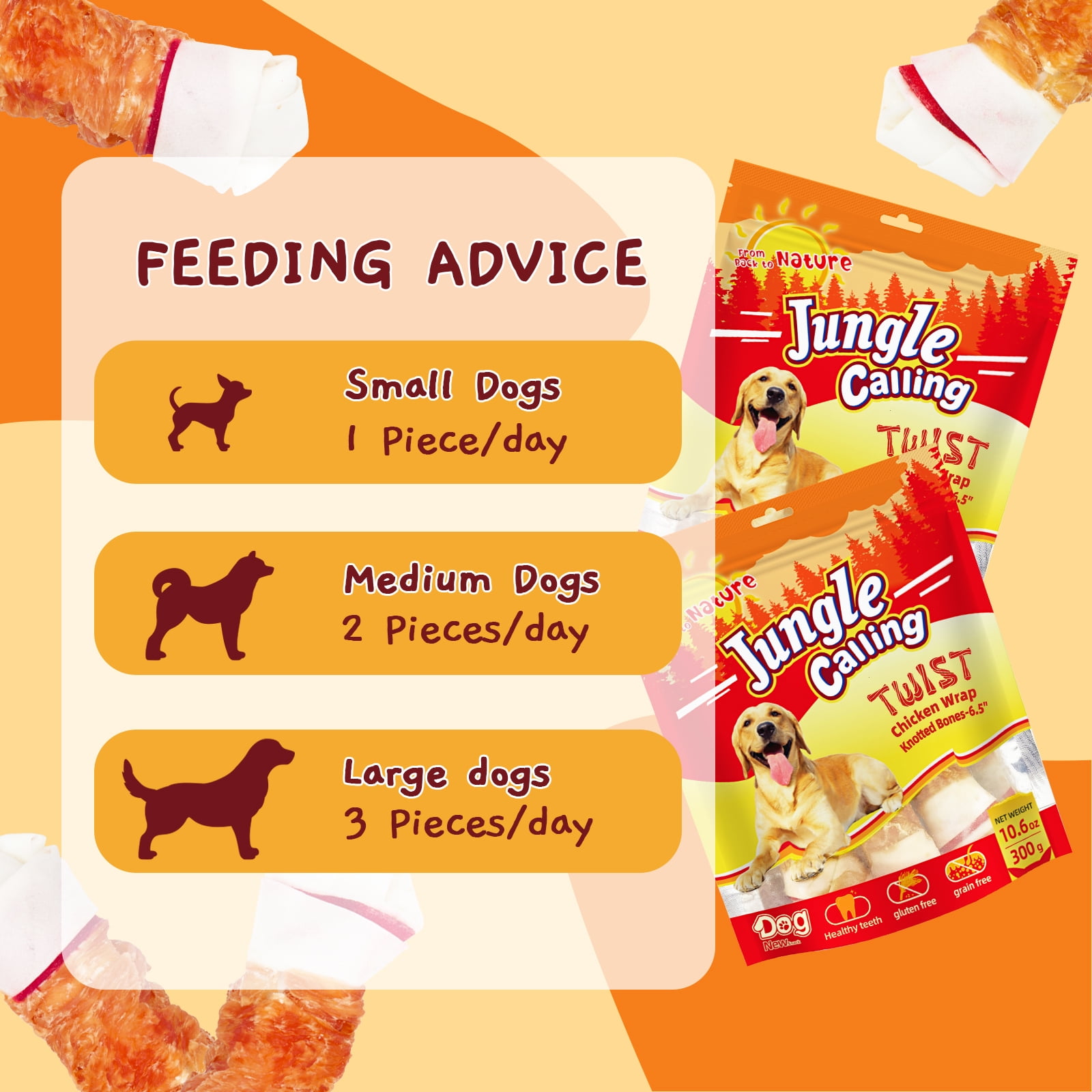 (5 pack) Jungle Calling Chicken Wrap Knotted Bones Dog Chews, Long Lasting for Large Dogs Training Treats