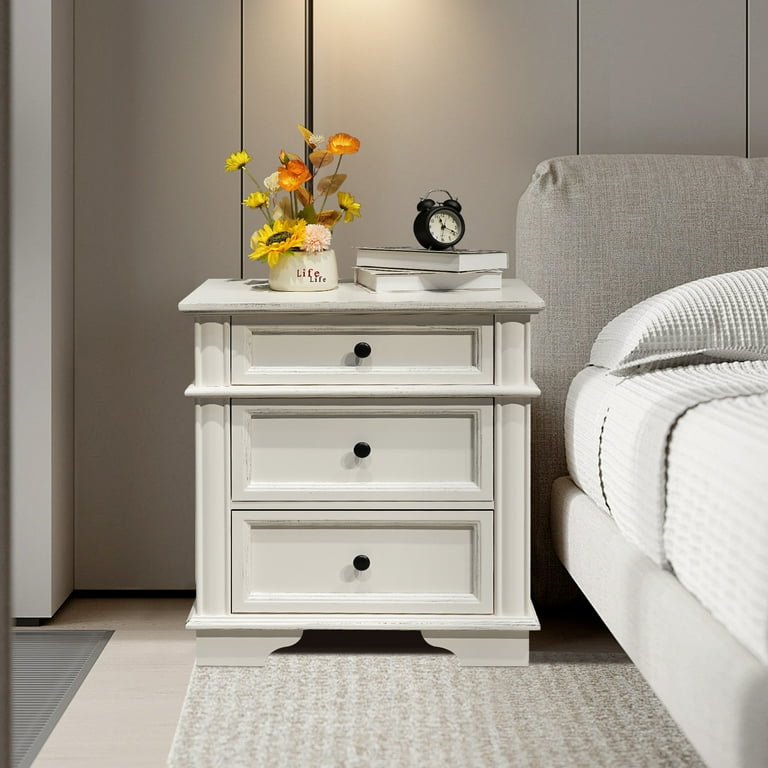 Ktaxon Solid Wood Nightstand with Outlets USB Ports 3 Drawer Traditional Cottage Bedside Table Wash White