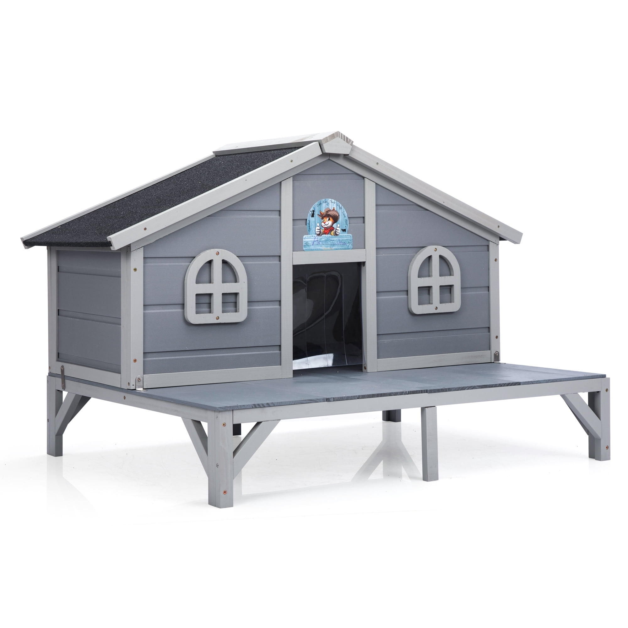 All Weather Wooden Cat House, Indoor Outdoor Cat Enclosure with Play Pen, Cozy Fringe Curtains, Lockable Doors for Kittens and Large Cats, Gray
