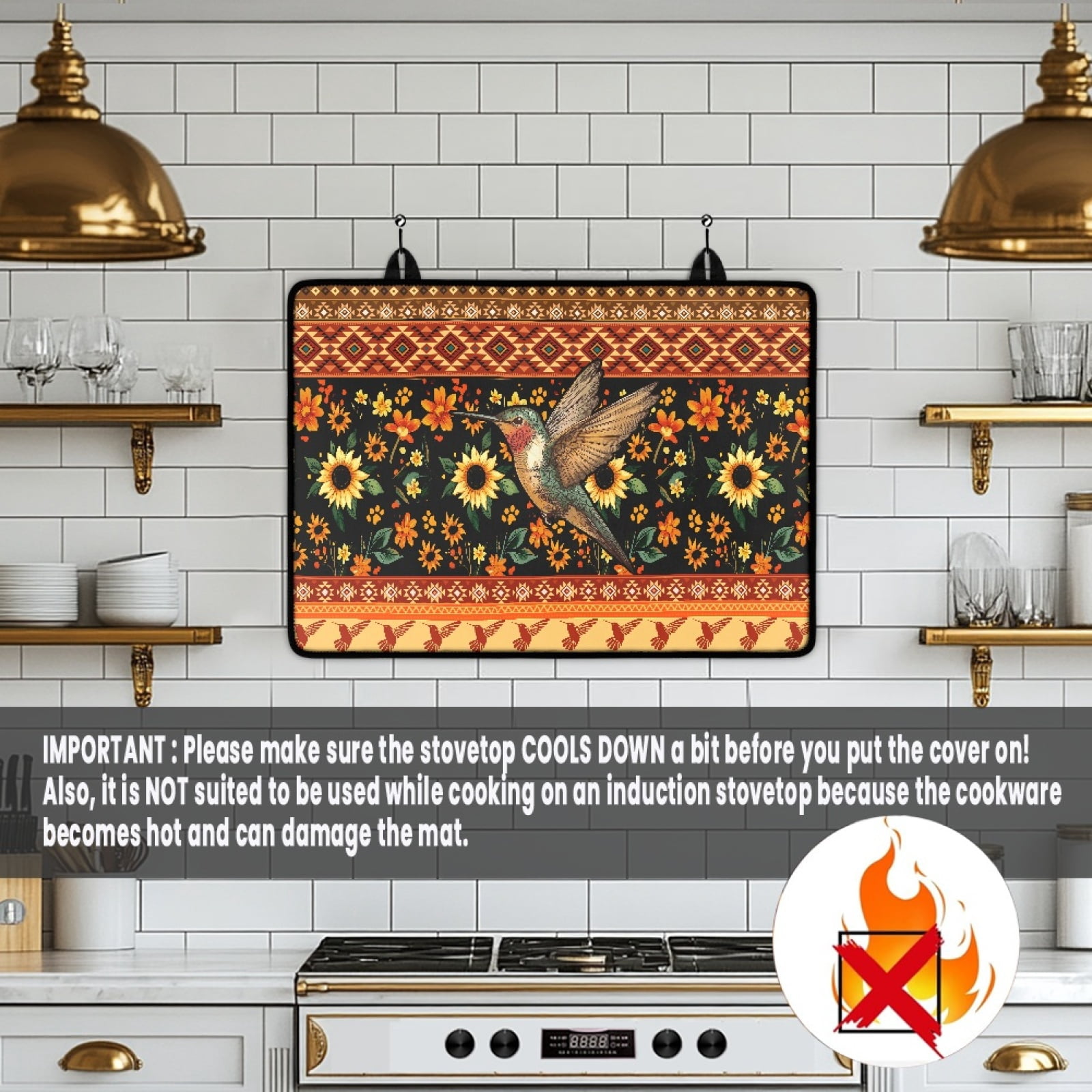 SEANATIVE Glass Top Stove Cover Electric Stove Mat Electric Ceramic Stovetop Cover Oil-proof Washer Dryer Top Protector Scratch Resistant Cooktop Mat, Amercian Tribal Flower Sunflower Hummingbird