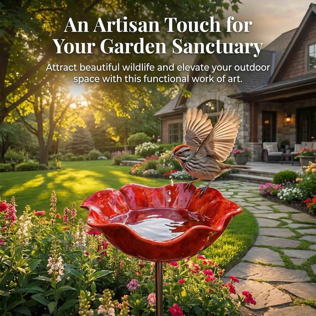 2026 New Metal Flower Garden Stakes Bird Bath, Handmade Mini Birdbath Flower Stake, Butterfly Bee Bath Bowl for Outdoor Lawn Yard Decor (Blue+Blue)