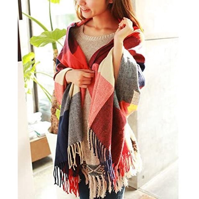 Bufanda de invierno para mujer, bufanda a cuadros de Cachemira de imitación, chal cálido con borlas para hombres y mujeres, 200*60CM JAMW Sencillez