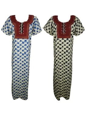 Mogul Lot Of 2 Long Cotton Caftan Eveningwear Printed Short Sleeves Summer Comfy Maxi Kaftan Dress L