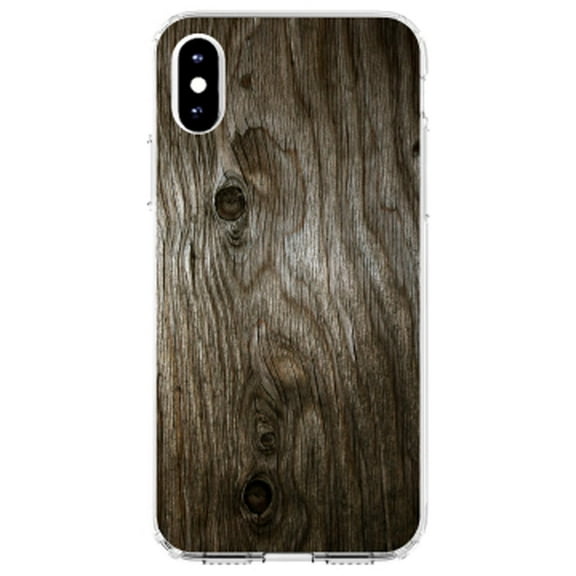 DistinctInk Clear Shockproof Hybrid Case for iPhone XS Max (6.5" Screen) - TPU Bumper, Acrylic Back, Tempered Glass Screen Protector - Brown Weathered Wood Grain Print - Printed Wood Grain Image