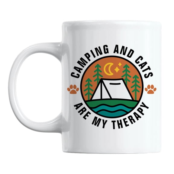 Camping and Cats Are My Therapy White Ceramic Coffee & Tea Mug (11oz)