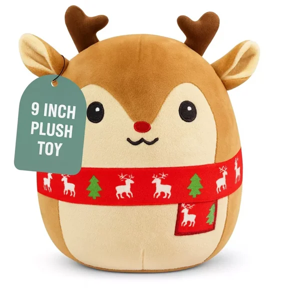 Christmas Reindeer Plush Stuffed Toy, 9" Cute Holiday Plushie Gift for Kids & Adult, Soft Stuffed Animal Pillow, Perfect Christmas Gifts & Home Décor