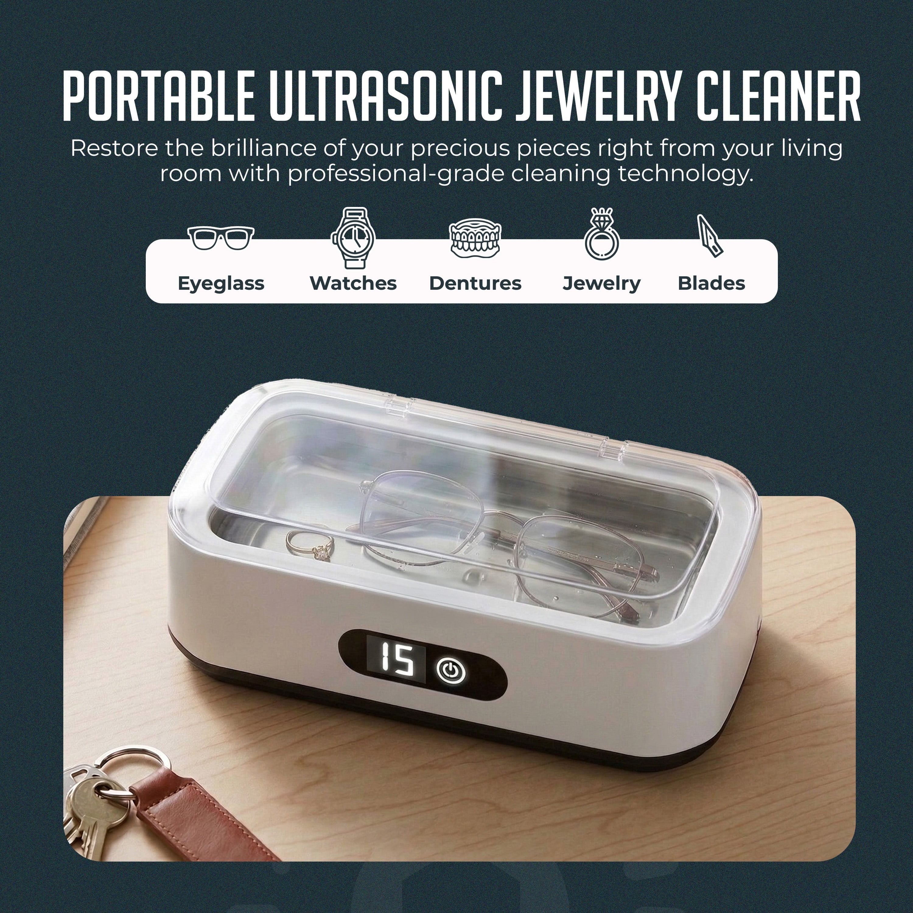 Portable Ultrasonic Jewelry Cleaner, Deep-Cleaning Machine for Eyeglasses, Watches, Dentures, Rings, Blades & More, Lightweight and Durable