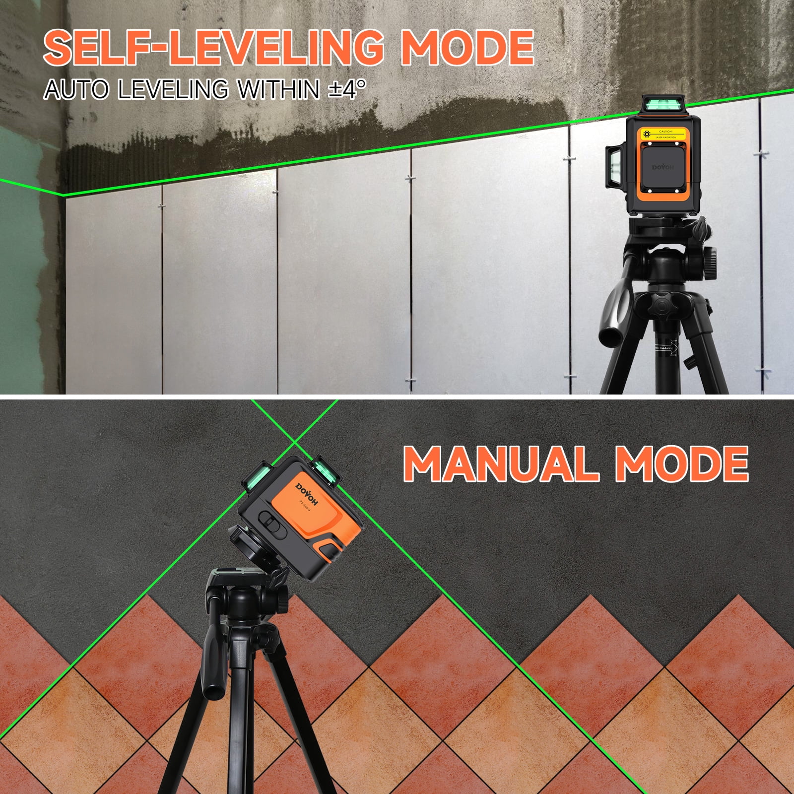DOVOH Heavy Duty 360 Laser Level Self Leveling, 3 Plane Green Laser Level, Rechargeable for Contractor Tiling Ceiling Class Ⅱ, P3-360G