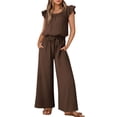 thumbnail image 3 of QATAINLAV Linen Jumpsuits for Women 2025 Summer Ruffle Sleeves Square Neck Rompers Casual Drawstring Waist Wide Leg Overalls with Pockets Coffee S Back to School Prime Sales, 3 of 9