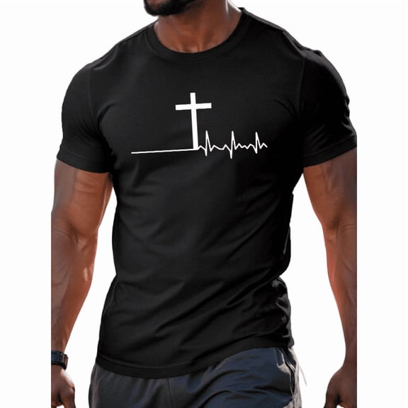 Whichone Men's 100% Cotton T-shirt Cross On The Chest Print Stylish Daiyly Wear,Black,Sizes S-2XL