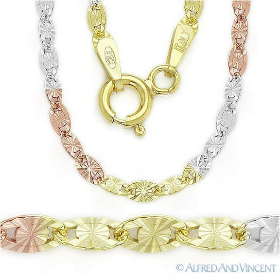 2.5mm Valentino Link Italian Chain Necklace in 3-Tone .925 Sterling Silver w/ 14k RG, 14k YG, & Rhodium