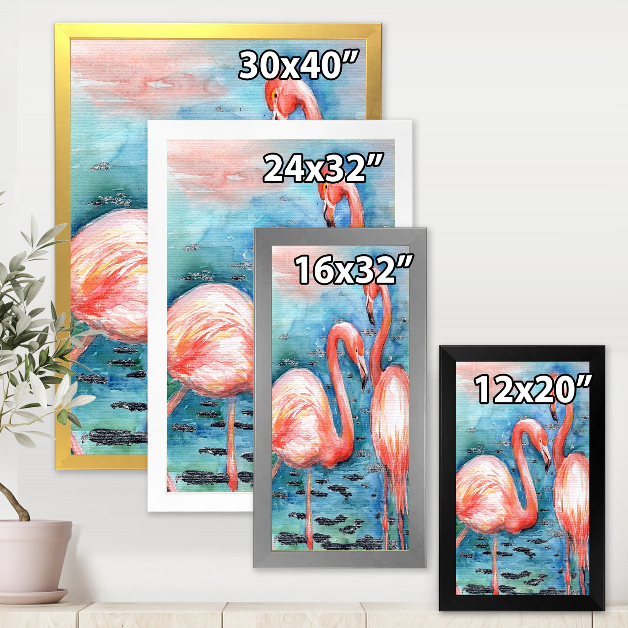 Designart 'Pink Flamingos Love Birds In Blue Water I' Farmhouse Framed Art Print