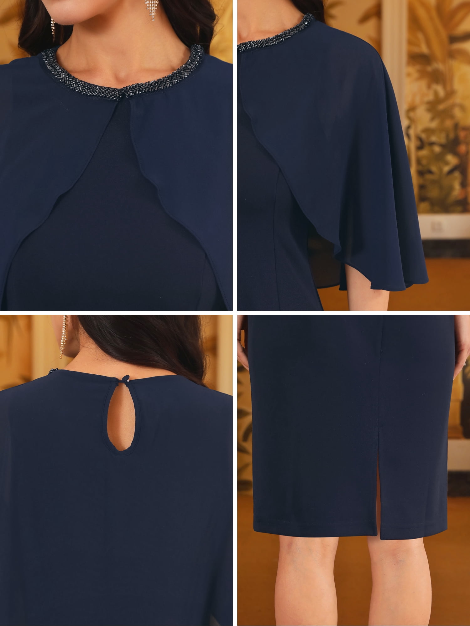 DARING DIVA Elegant Chiffon Cape Beaded Neckline Dress XL Navy Blue