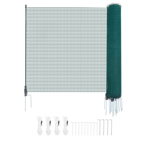 KFFKFF Temporary Fence with Posts, 3.9 x 49.2 FT Plastic Mesh Fencing, Garden Safety Netting with Double-Spike Stakes & Guy Ropes, Portable Barrier for Pets, Poultry, Plants, and Outdoor Spaces