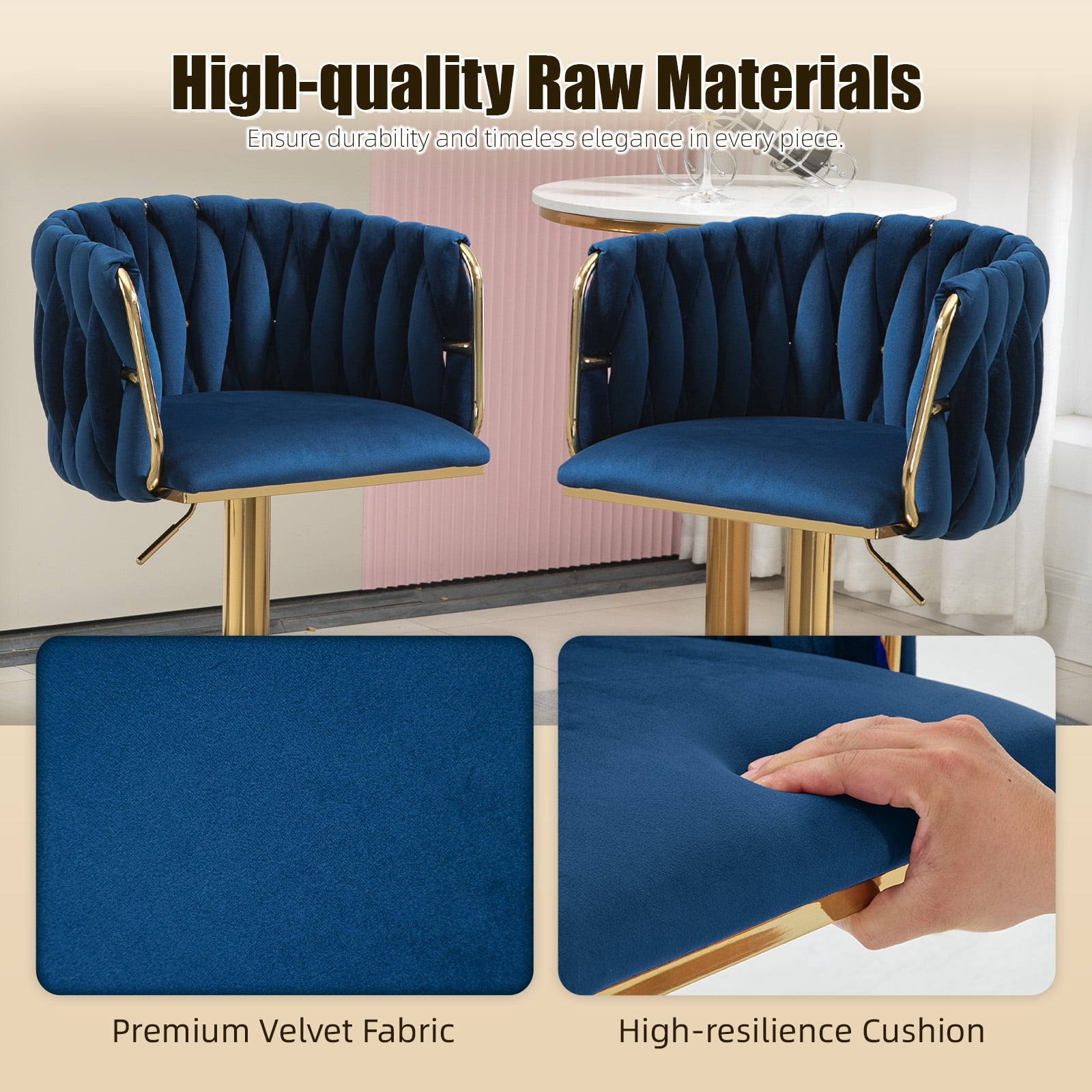 Villeston 360°Swivel Bar Stools Velvet Upholstered Adjustable Bar Chairs Set of 2 with Back & Footrest for Home and Kitchen,Navy Blue