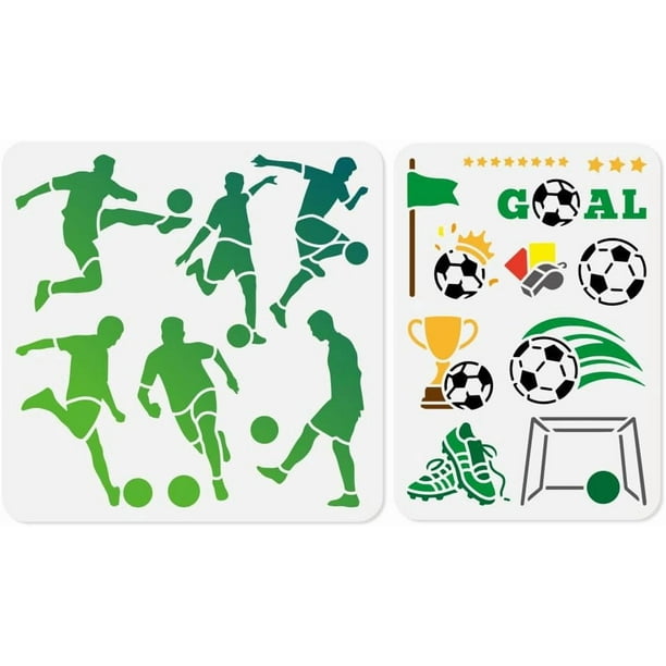 2 plantillas de fútbol reutilizables de plástico para pintar jugadores de fútbol. Plantillas para dibujar y pintar diseños deportivos y manualidades.