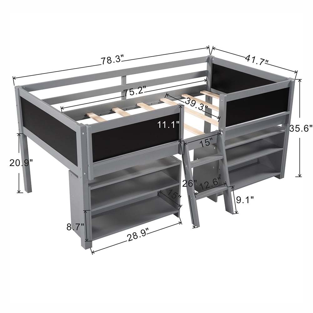 Kadyn Twin Size Low Loft Bed with Two Movable Shelves and Ladder,with Decorative Guardrail Chalkboard,Gray