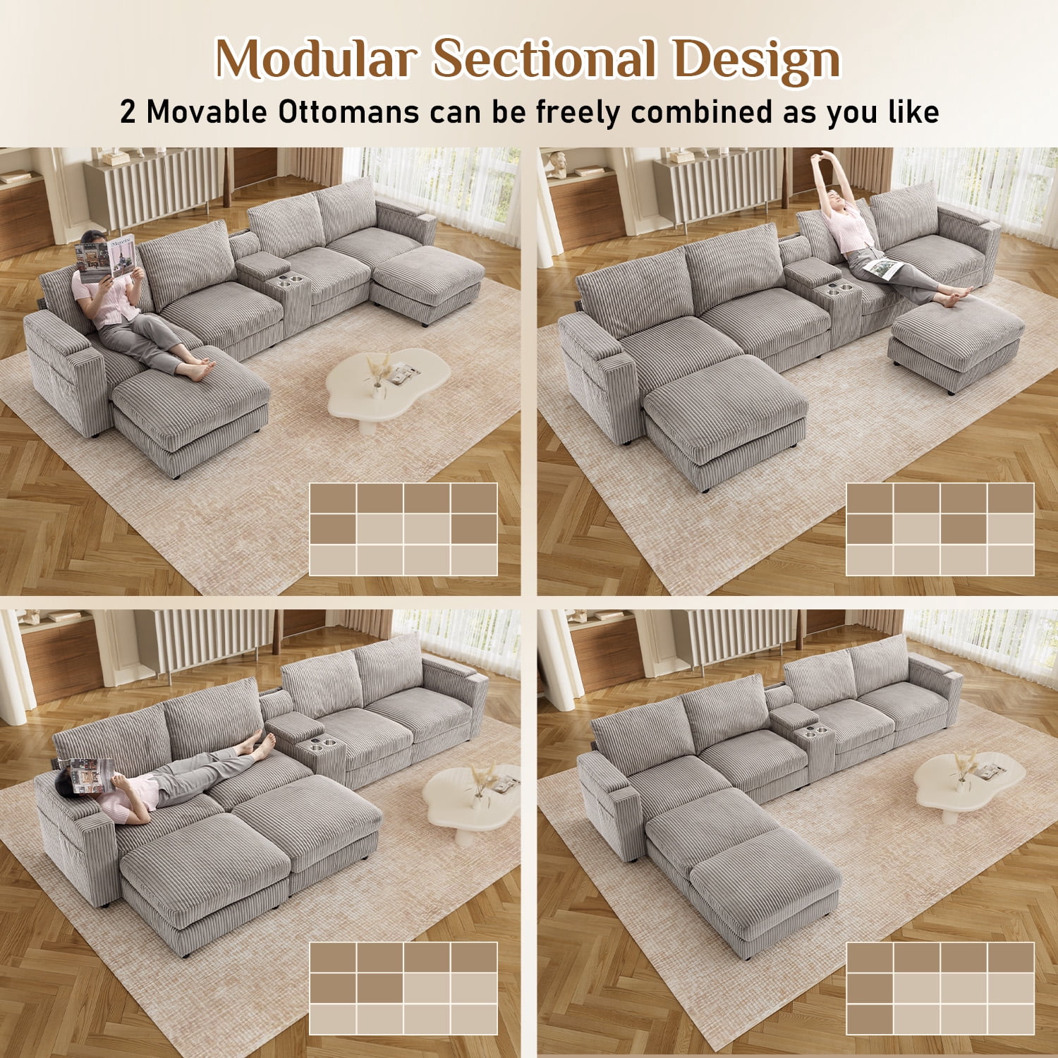 Wiilayok 153" Oversized U-Shaped Cloud Couch Sectional with Modular Design for Living Room: Comfy Corduroy, Ottoman, USB Port, Cup Holder, Armrest Storage, Side Pocket, Grey