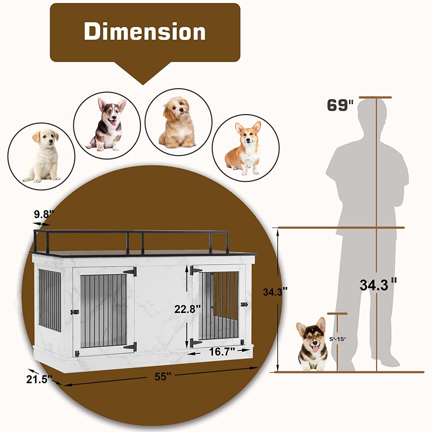 MCombo 52.7‘ 2-Door Wooden Dog Crate Furniture TV Stand 1861 (White)