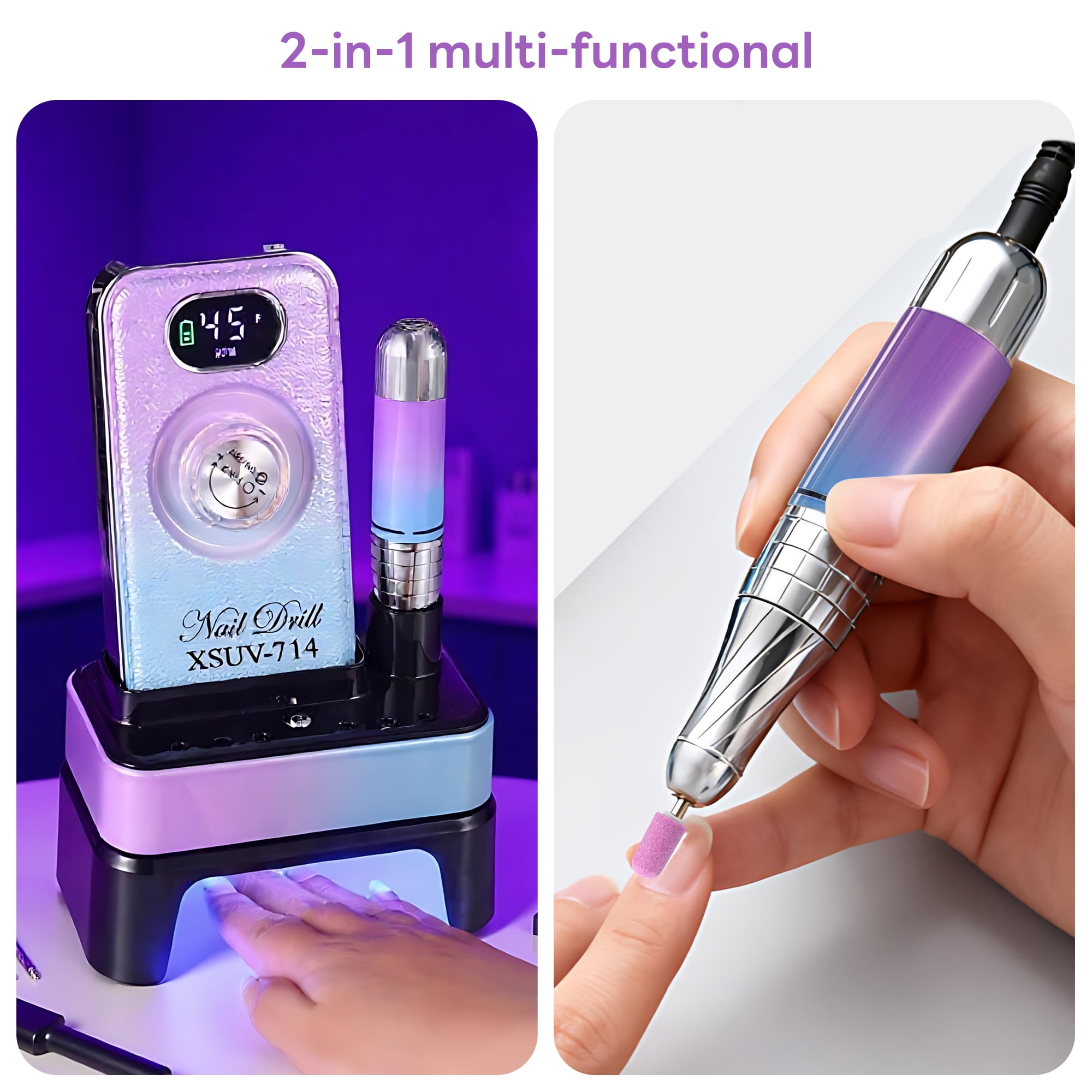 INSMART 45000 RPM Nail Drill Machine, 2-in-1 Professional Nail File & LED Lamp, Rechargeable for Acrylic Gel Nails Home Salon Use