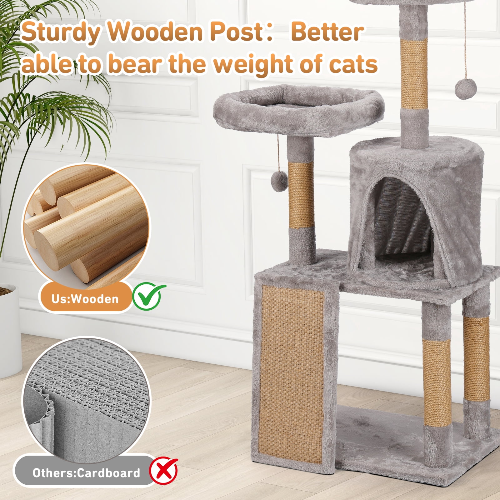 ZephyPaws 46in Cat Tree for Indoor Cats,Cat Tower with Scratching Post,Ramp,Perch,Cat Condo for Kittens,Elderly Cats,Light Gray