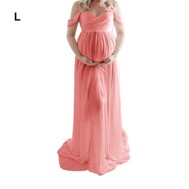 serony Robe de Maternité pour Photographie, Épaules Dénudées, Robe Longue en Mousseline, devant, Grossesse, Longues Robes, Femmes, Accessoire de Séance Photo, Prise de Vue, Fruit, Rose, G