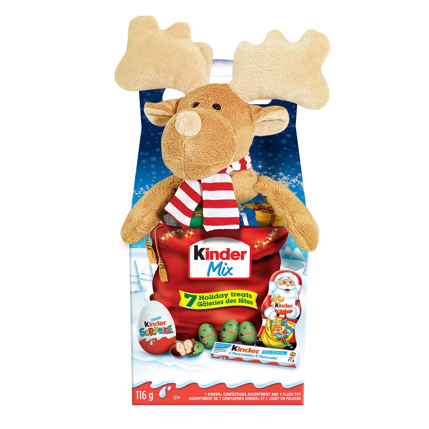 KINDER MIX Holidays Variety Pack with Surprise Plush Toy and 7 Additional KINDER Holiday Chocolate Treats, 116g (Plush Toys Vary), 116 g with 7 treats inside