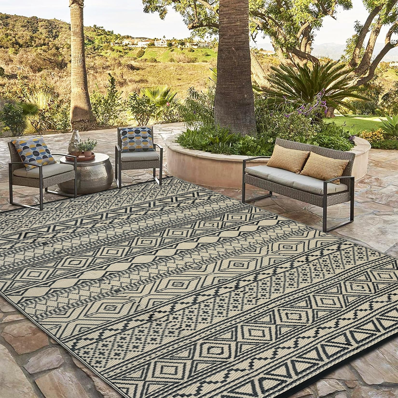 Outdoor Rug 6x9, Waterproof Patio Clearance Carpet for Outside, Reversible Outdoor Plastic Straw Camping Rug, UV Resistant Low Pile Deck Mat for Porch Yard Poolside, Easy Clean,Black & Coffee