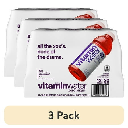 (3 pack) vitaminwater XXX Zero Sugar Acai-Blueberry-Pomegranate Water Beverage Bottles, 20 fl oz, 12 Pack