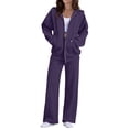thumbnail image 2 of Women's 2 Piece Outfits Long Sleeve Zip Up Hoodie Wide Leg Pants Matching Sweatsuits Sets Purple M, 2 of 7
