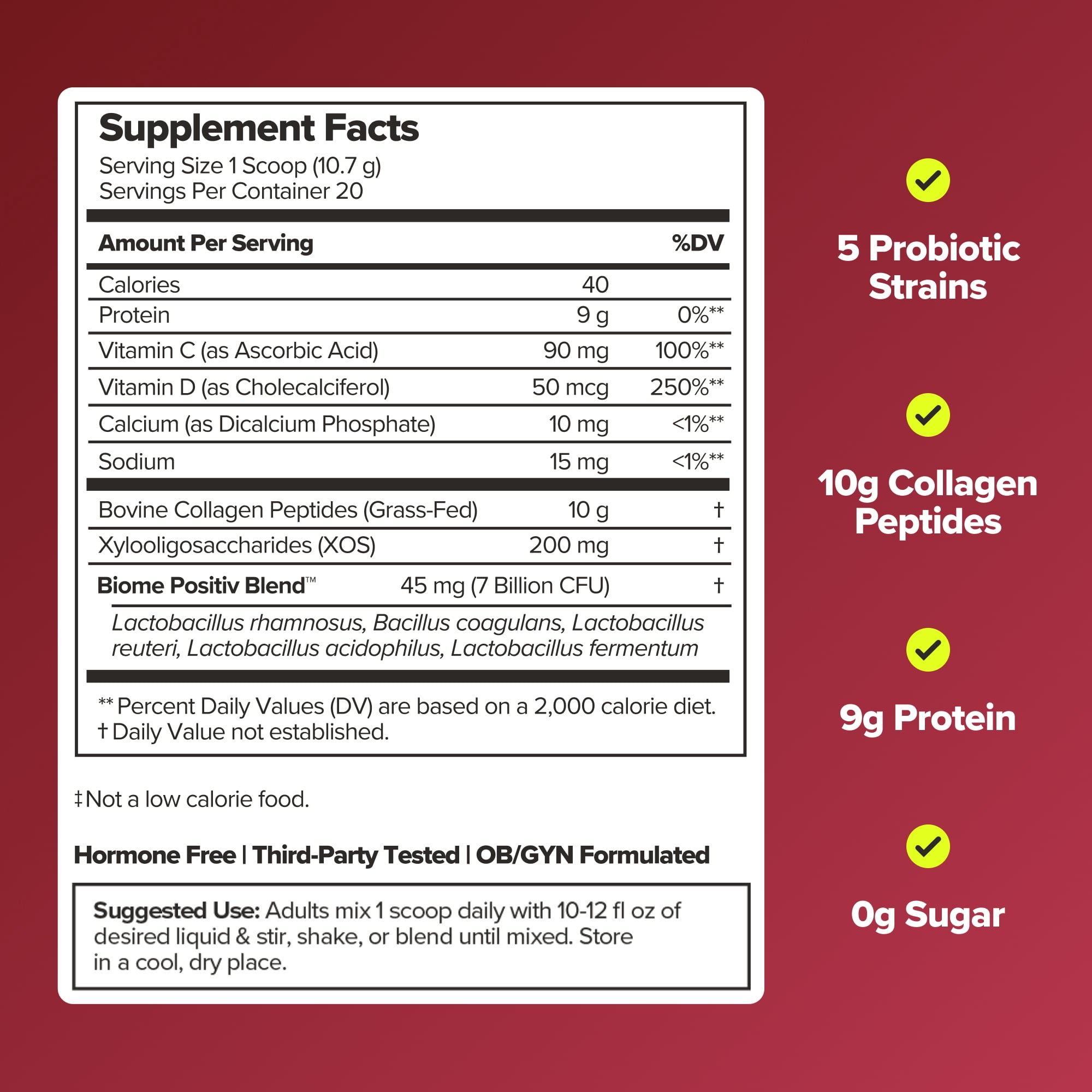 O Positiv URO Probiotic + Collagen Peptides Powder for Vaginal, Skin & Gut Health, 20 Servings