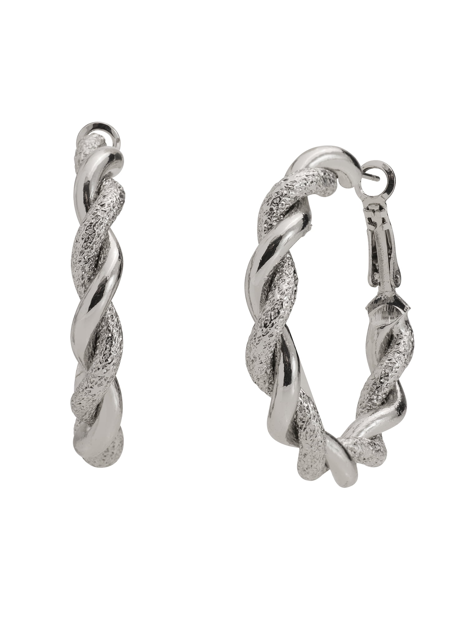 Madden NYC Women's Fashion Rhodium Textured Twist Medium Hoop Earrings
