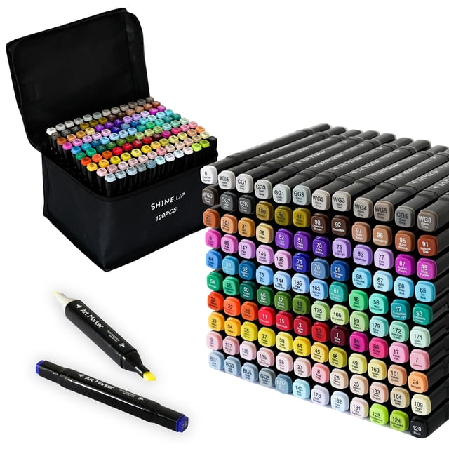 Set de rotuladores de alcohol SHINE.UP, 120 colores, doble punta y batidora